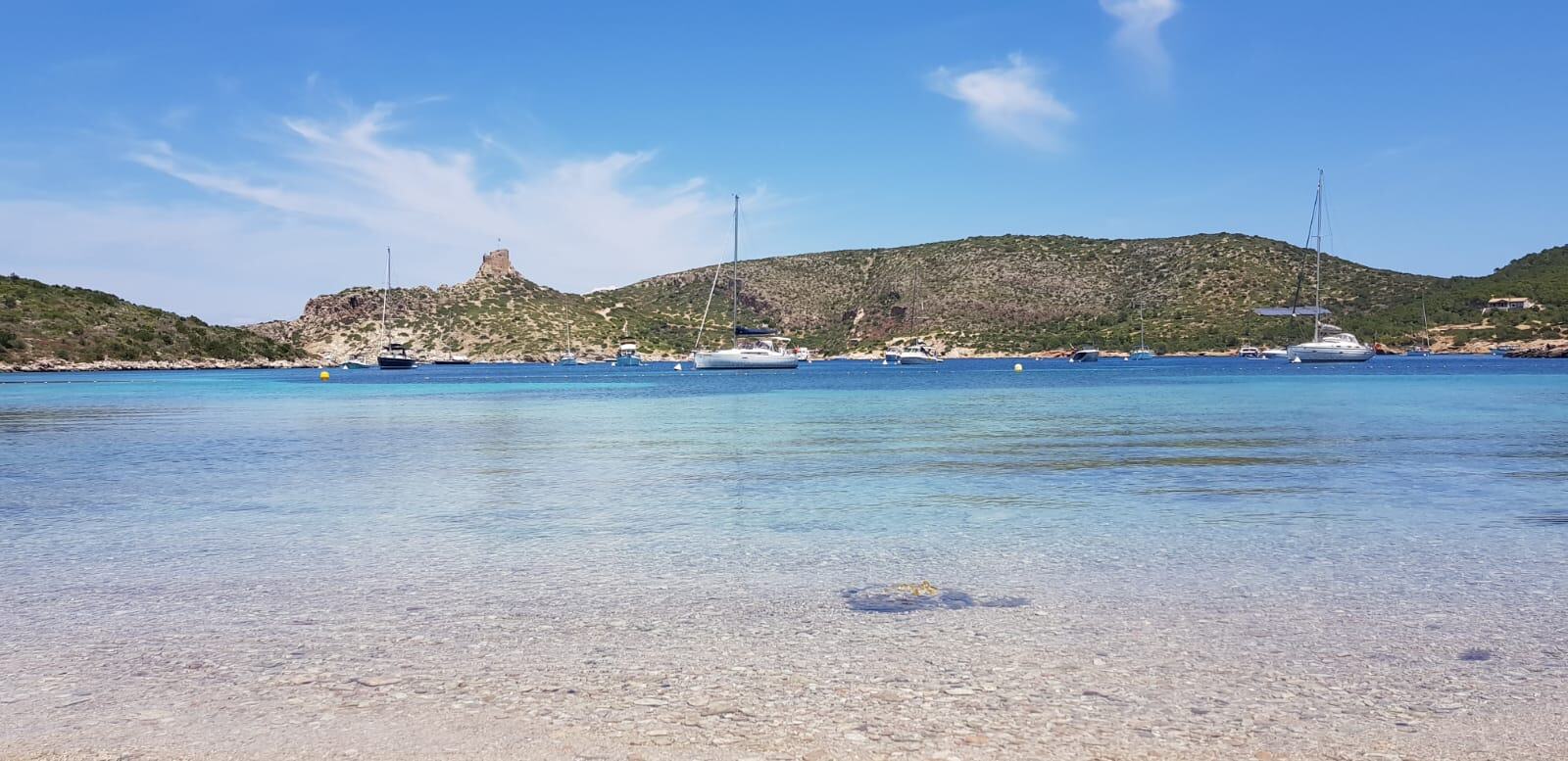 Bay of Cabrera island with sailing boats and the historic castle in the background