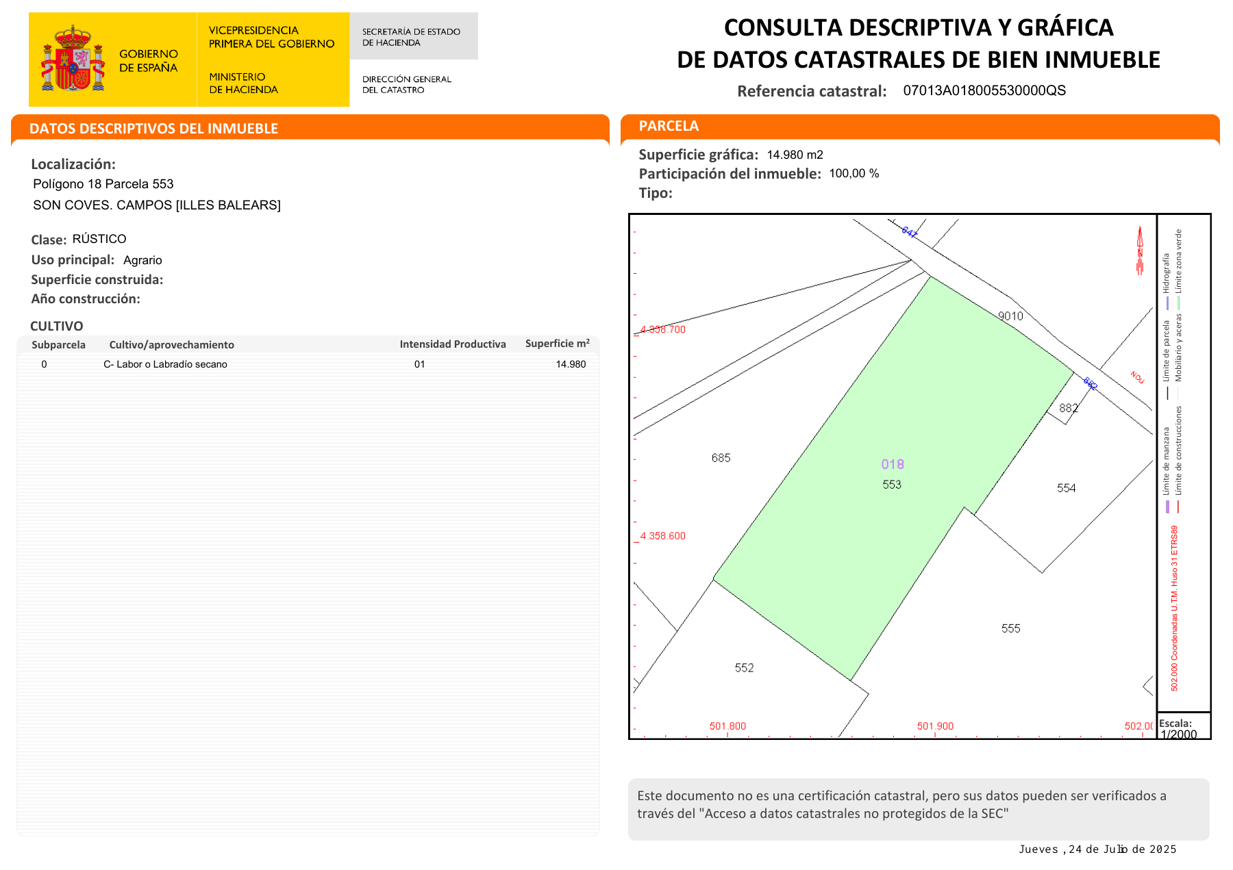 Katasterblatt für Polygon 18, Parzelle 553 in Campos mit 14.980 m²